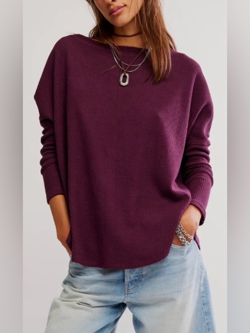 We The Free by Free People “Latte Blues” Thermal in Chocolate Grape - Oversized